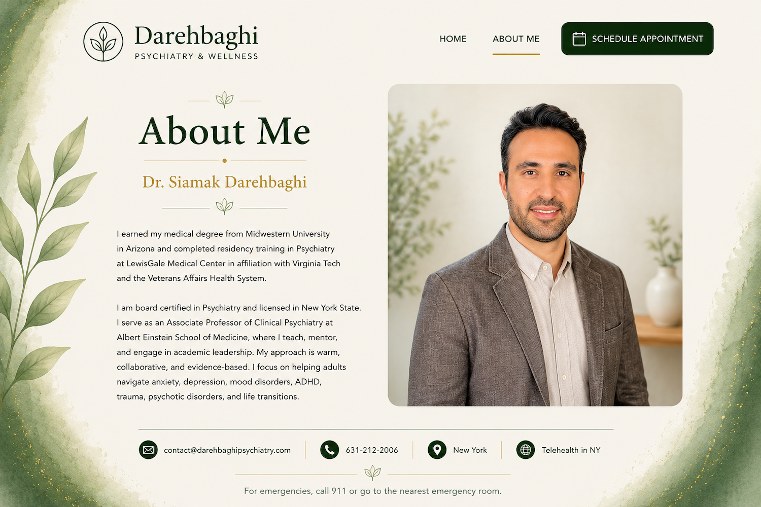 About Dr. Siamak Darehbaghi, board-certified psychiatrist licensed in New York State and Associate Professor of Clinical Psychiatry at Albert Einstein School of Medicine.